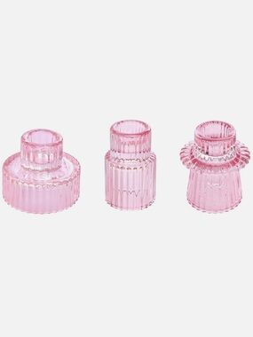 Pink Ribbed Glass Candle Holders - Set of 3